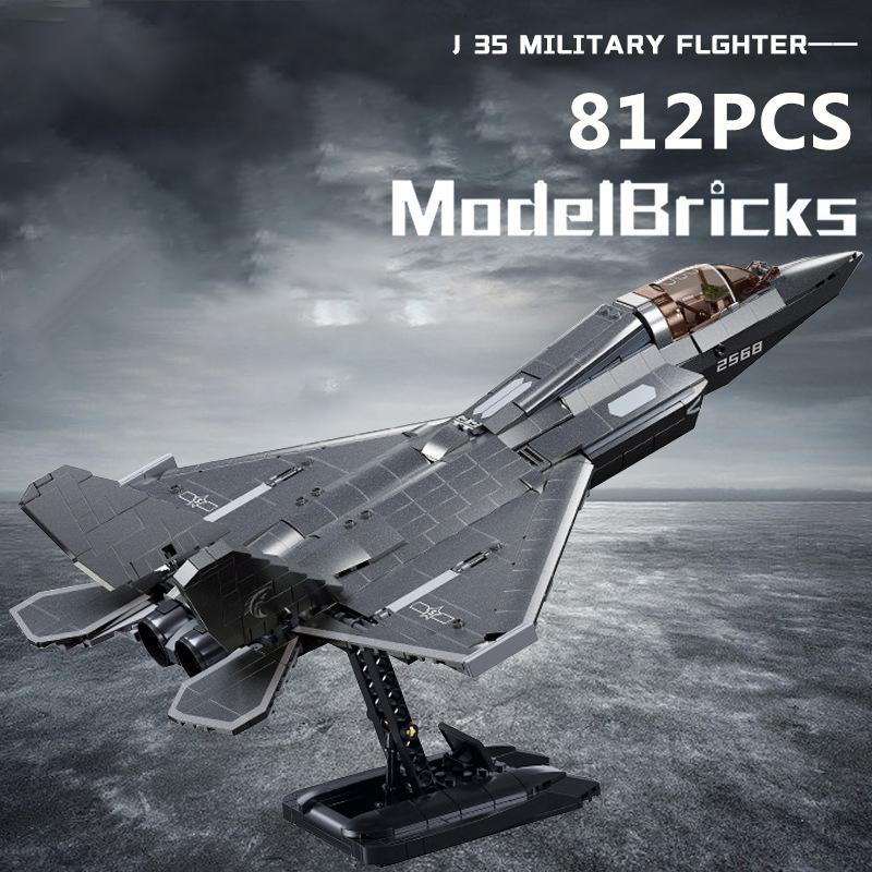 Military WW2 J35 J20 Stealth Aircraft Building Blocks Technical Fighter Jet Airplane With Bullet MOC Bricks Education Toys Gift