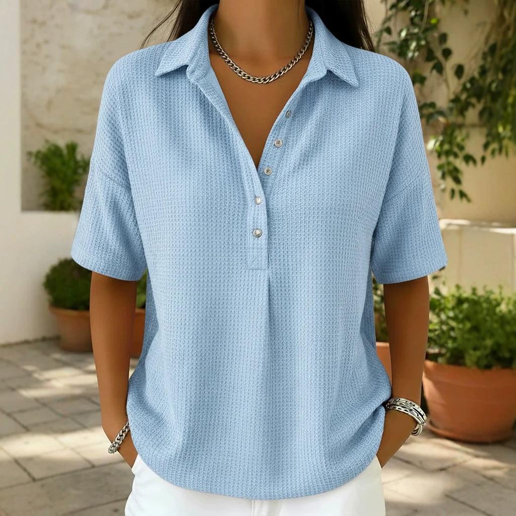 Women's Polo Neck Short Sleeve Waffle Knit Henley Shirt Casual Loose Button Down Blouse