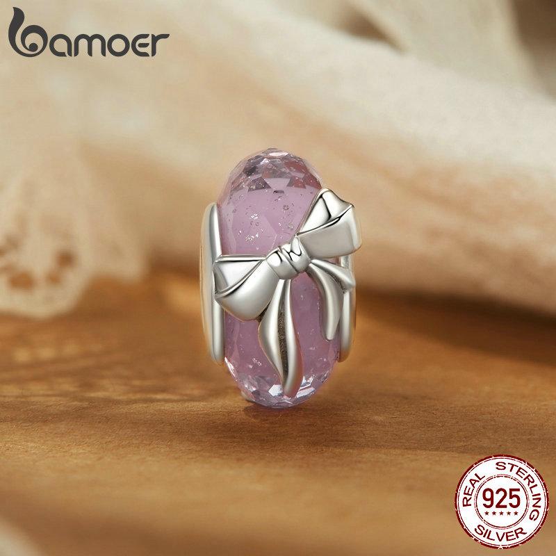 BAMOER Solid 925 Sterling Silver Bowknot Murano Charm Bead fit Original Bracelet DIY Bamoer Charm for Jewelry Making