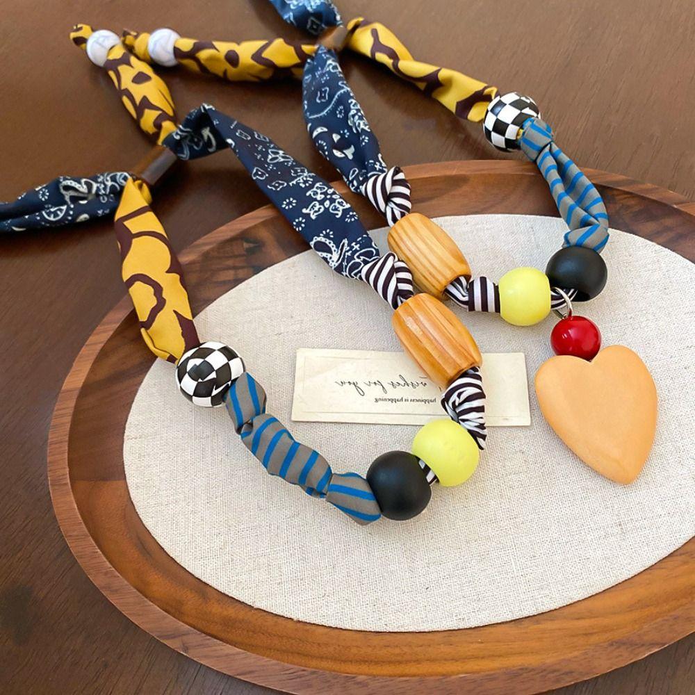 Clavicle Chain Patchwork Cloth Chain Necklace Multicolor Bohemian Choker Wood Bead Necklace  Girls