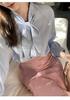 Bow Tie Long Office [JINJUDUO] Women's Blouse, Sleeve, Ribbon, Gathered, Satin, Figure-Flattering, Slimming, Cute, Stylish, Casual, OL, Commuting,