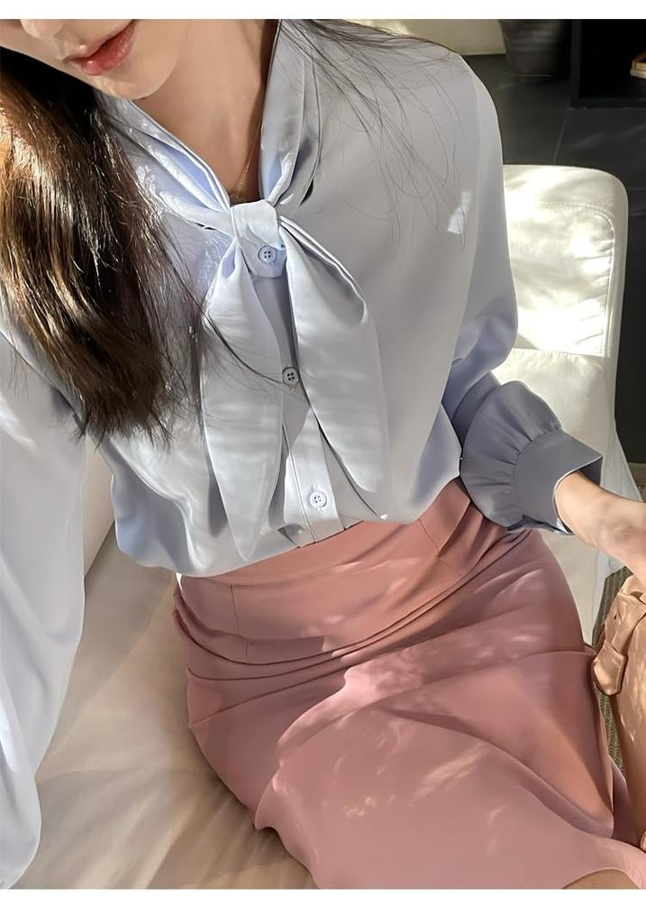 Bow Tie Long Office [JINJUDUO] Women's Blouse, Sleeve, Ribbon, Gathered, Satin, Figure-Flattering, Slimming, Cute, Stylish, Casual, OL, Commuting,