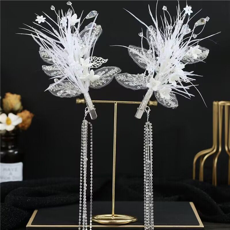 

New feather hairpin fairy beauty bridal crystal soft pottery tassel headdress, high-end styling headwear