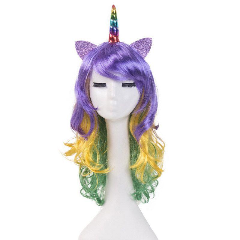 New Fashion Women Ear Unicorn Rainbow Wig Long Curly Wave Hair For Cosplay Party