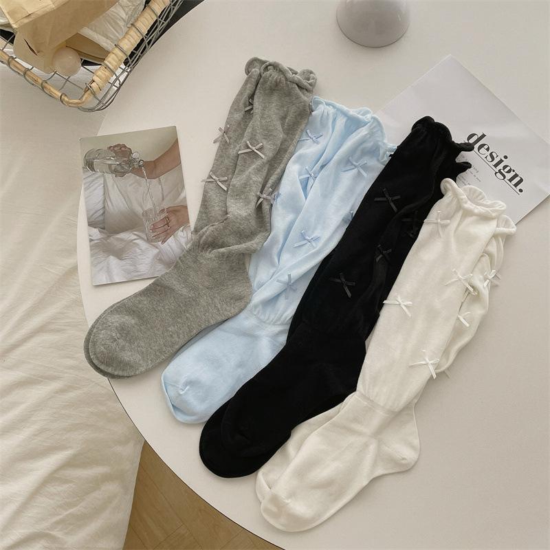 Women'S Stockings High Quality Modern  Simple Cute Japanese Style Long Women Socks Mesh Bow Sweet Knee High Socks Thin White