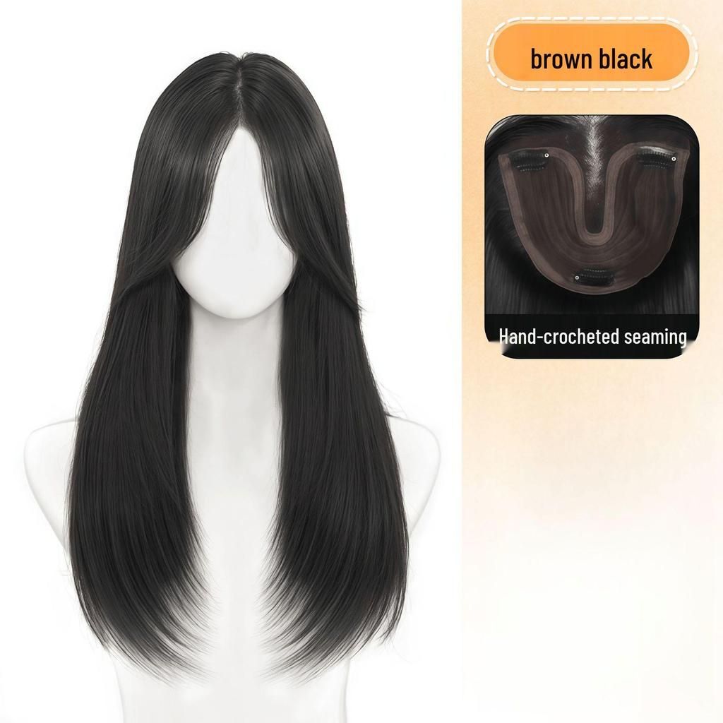 Natural Black Long Straight Hand-Woven Lace Wig Cap - Realistic Invisible Hairpiece for Daily Wear