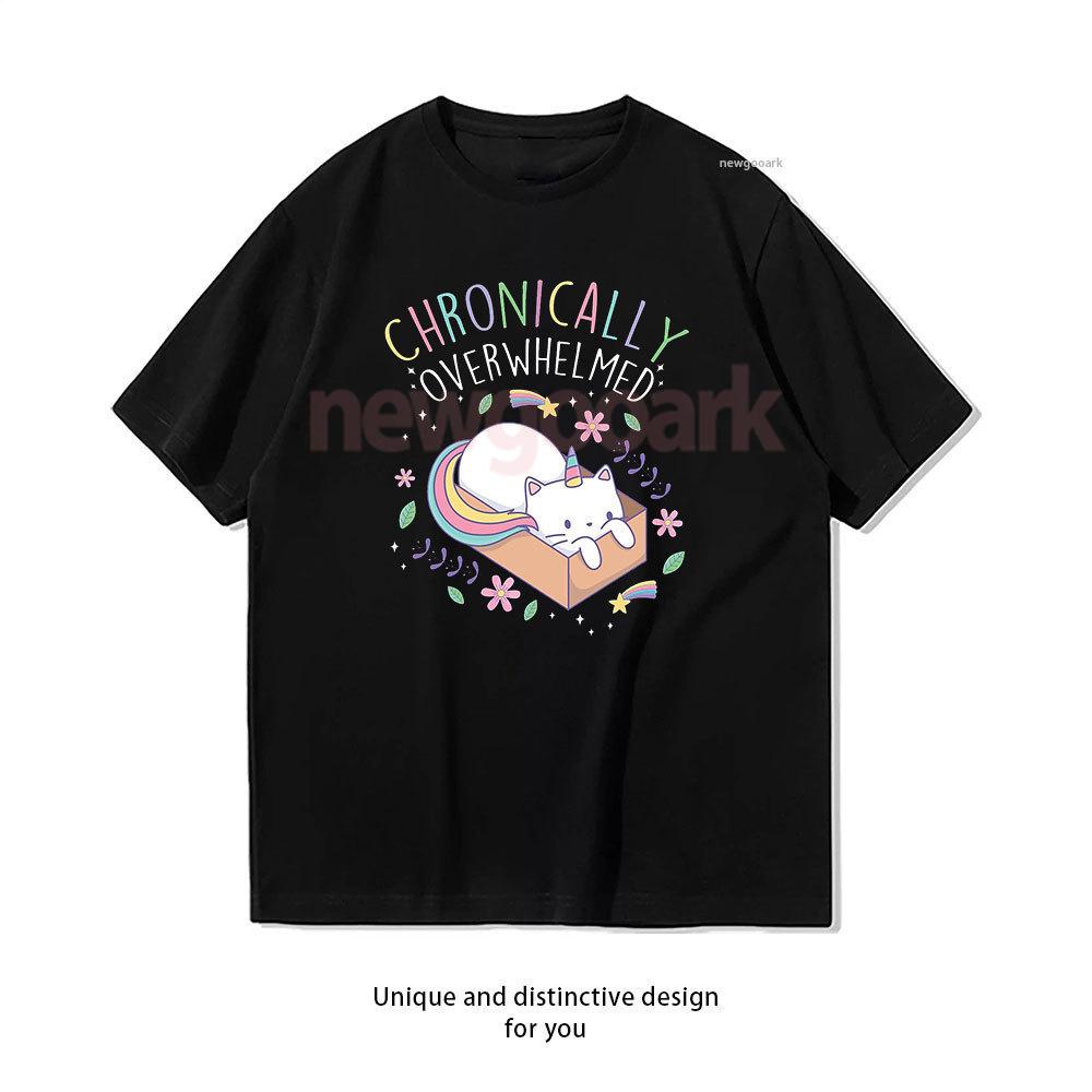 

Chronically Overwhelmed ADHD Autism Caticorn TShirt Woman Man Casual Cotton Graphic T Shirts Creative Streetwear Tops Tee 4XL