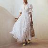 Damen Elegantes Maxikleid Sommer Spitze Tiefes V-Ausschnitt Puffärmel