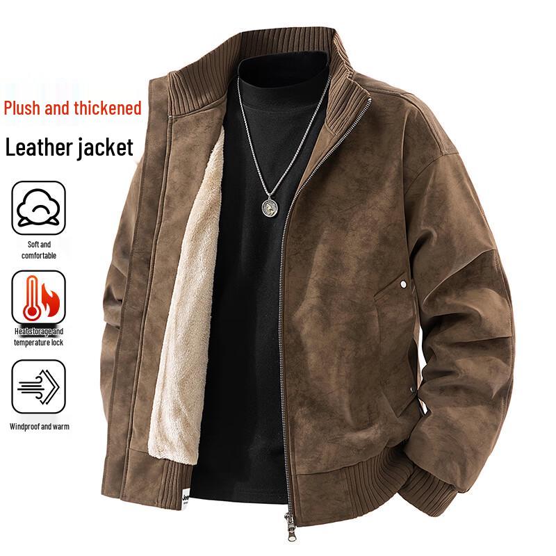 PLAYBOY Men's American Retro Fleece-Lined Stand Collar Faux Leather Jacket