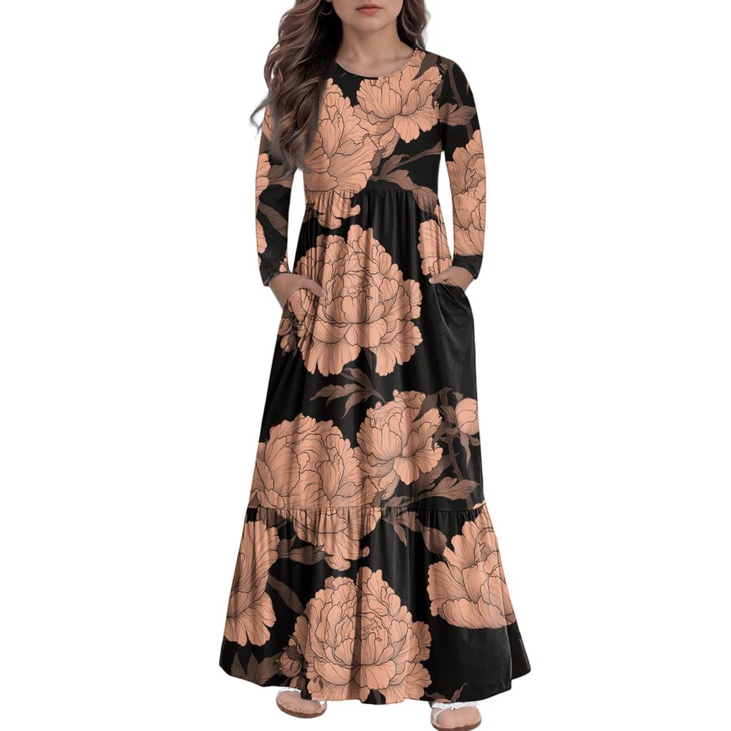 Rochie Maxi de Fete Rochii Casual de Vacanță - Rochie cu Mâneci Lungi cu Buzunare Pentru 4-14A