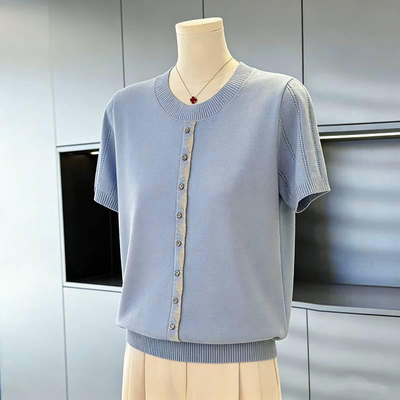 

Mom s 2026 Summer Stylish Ice Silk Knit Cardigan Top for Middle-Aged and Elderly Women 3XL (115-130 lbs) небо синє кольору