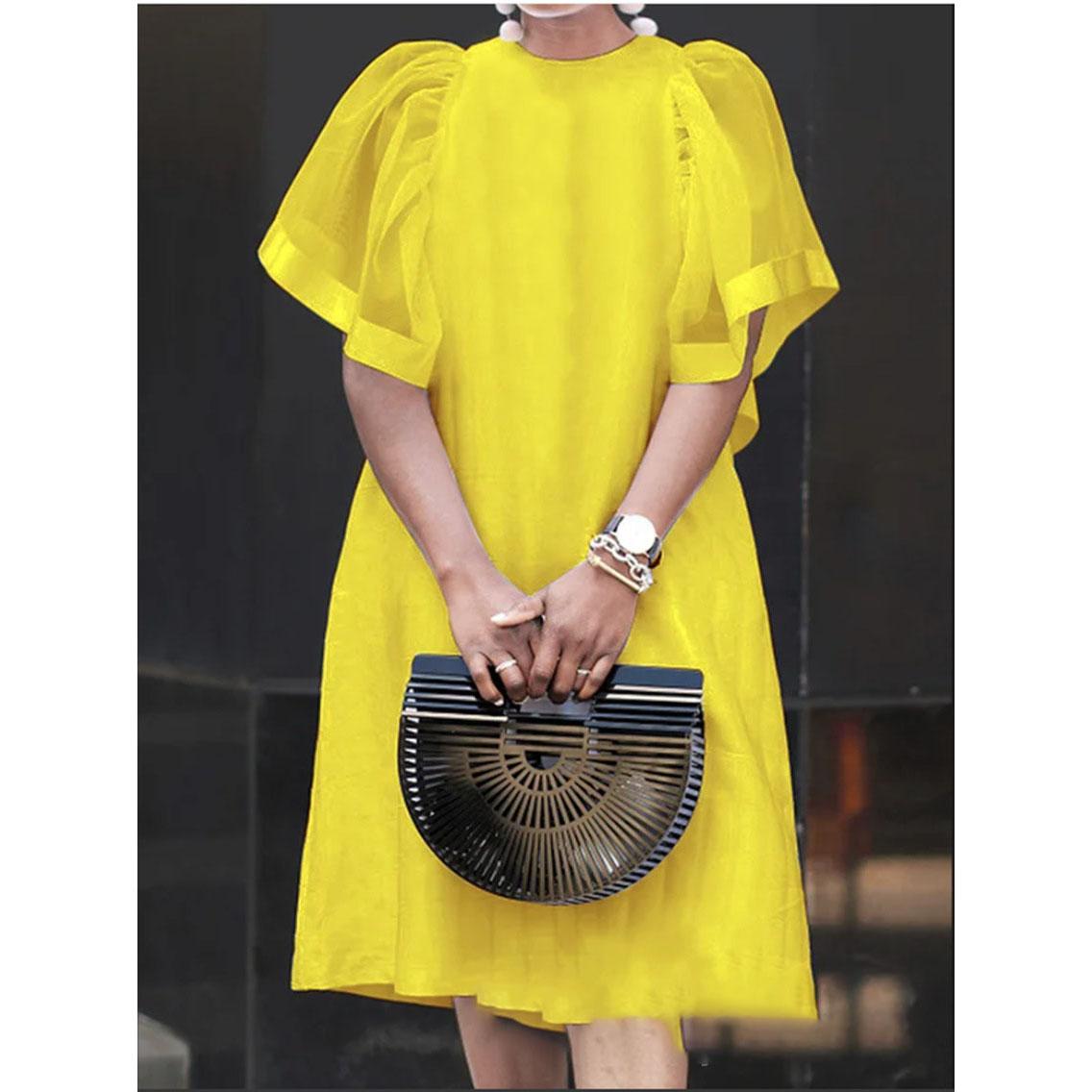 

Party Ruffle Short Sleeve Loose Women Vintage Solid Mesh Patchwork Sundress Casual Summer Mini Dress Plus Size