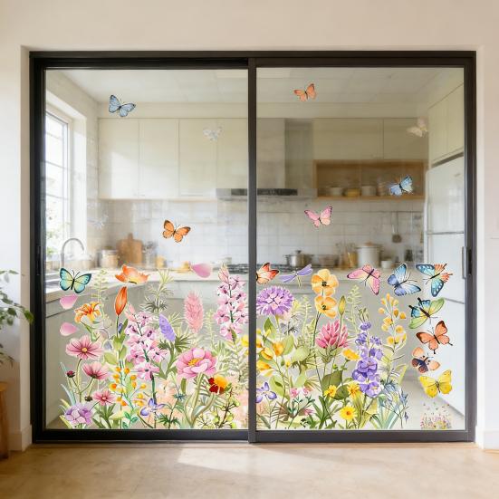 Naklejki Okienne Wiosna Lato Polne Kwiaty Motyl Kwiatowe Naklejki Okienne Samoprzylepne Naklejki PVC do Domu Imprezy Witryny Sklepowej Drzwi Szklane Dekoracja