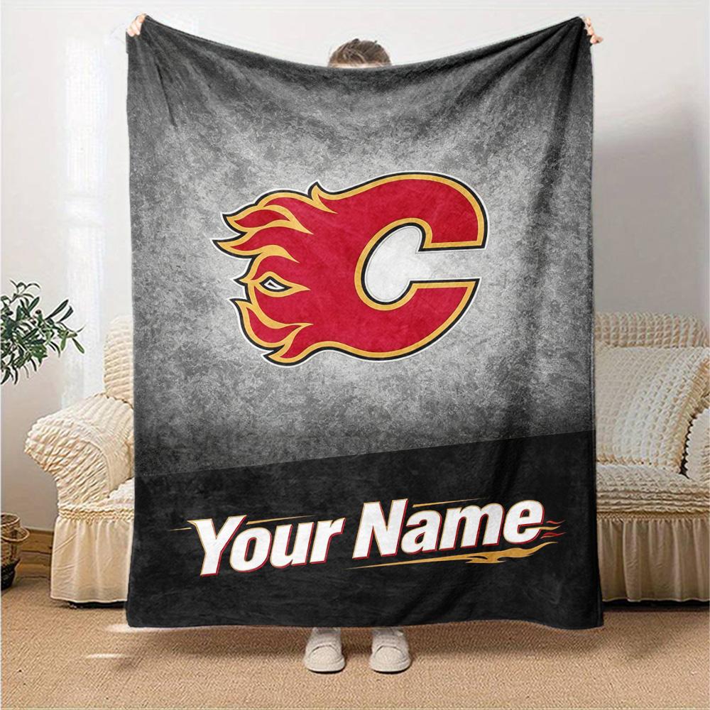 Name Custom Calgary Flames Logo Print Flannel Blanket High Quality Warm Comfortable Cover for All Seasons Perfect for Gifts Home Decor