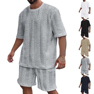 Herr Sommarstickad Enfärgad Casual Kortärmad T-shirt Shorts Set
