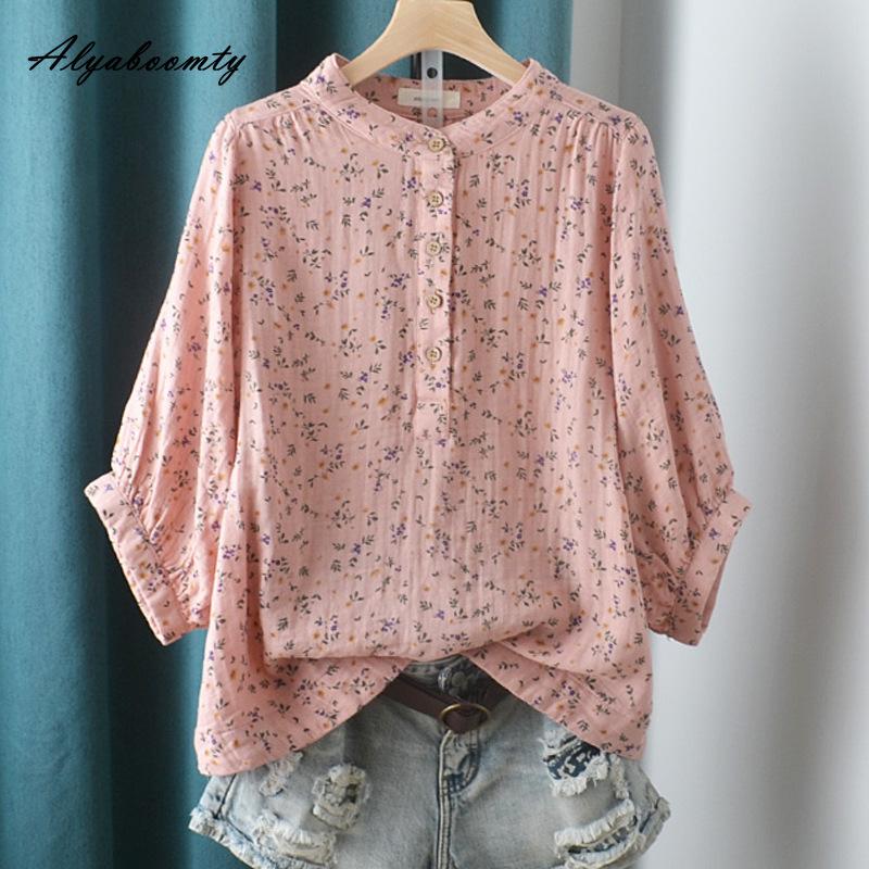 Korean Style Spring Summer Women Cotton Blouse Stand Collar White Gray Pink Print Baggy Shirt Vintage Casual Loose Ladies' Blouse