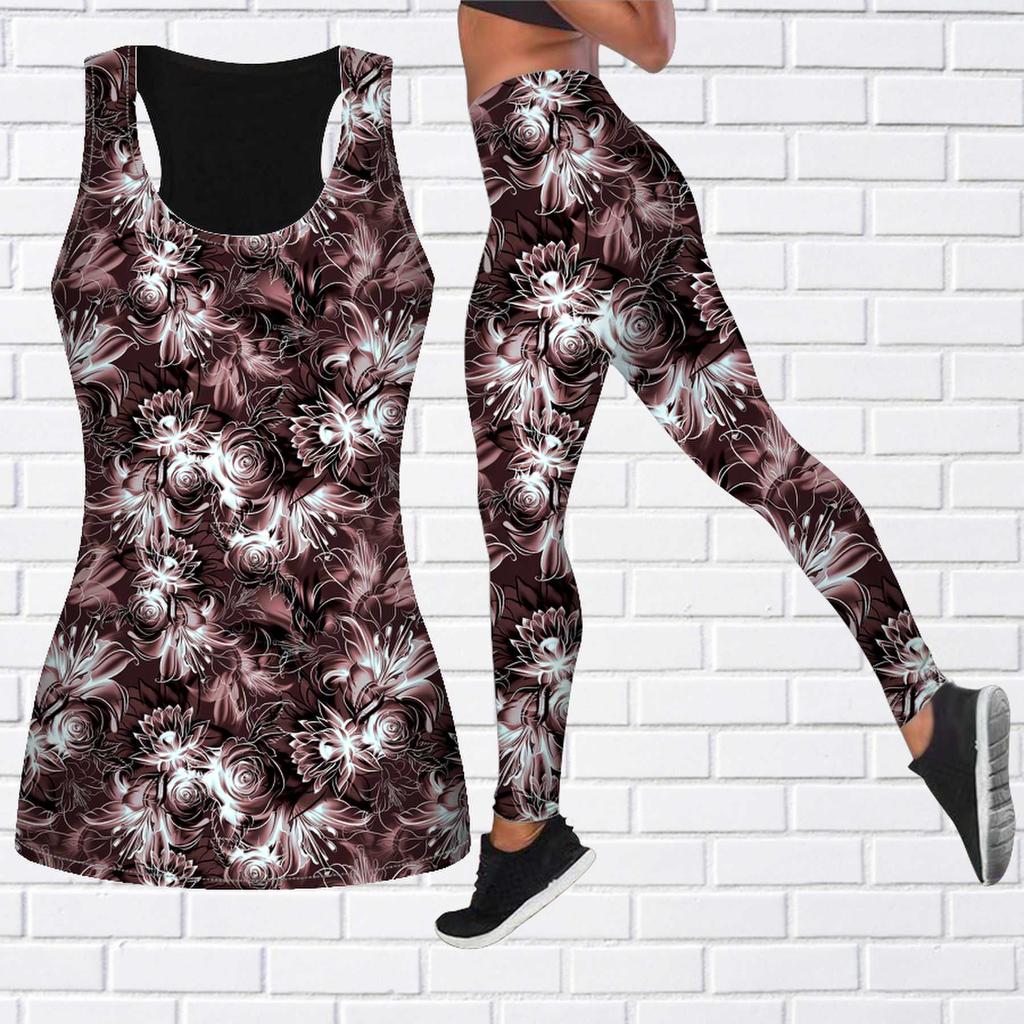 Flower Sea Rose Print Yoga Outfit for Women Fashion Workout Leggings Fitness Sports Casual Yoga Pants