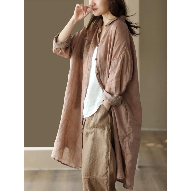 2026 Spring Women s Retro Cotton Linen Dark Pattern Mid-Length Cardigan Shirt Extra Large