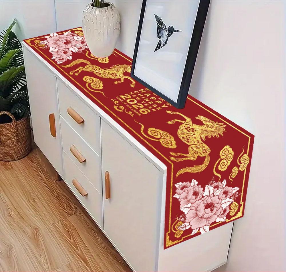 Chinese New Year Linen Table Runner Party Decor Chinese 2026 Spring Festival Lunar Horse Floral Table Runner New Year Decoration