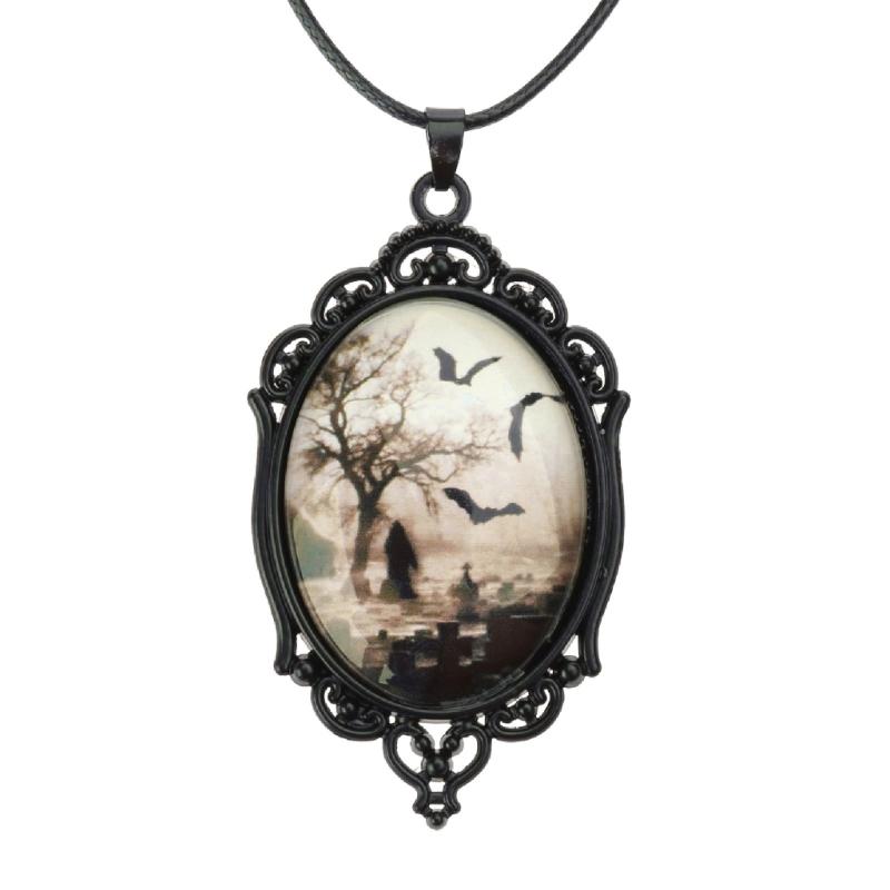 Fashion Gothic Style Necklace Vintage Bat Cemetery Glass Pendant Necklace Halloween Party Jewelry Clavicle Chain