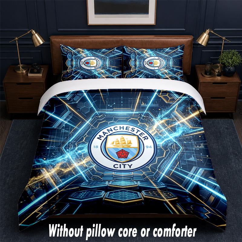 Manchester City Design Bett Bettwäsche Set 1 Bettbezug + 2 Kissenbezüge Weich Atmungsaktiv Haushalt Bettwäsche
