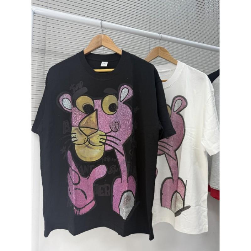 Plus Size 300lb Unisex Pink Panther Heavy Duty Rhinestone T-Shirt Loose Short Sleeve Tee