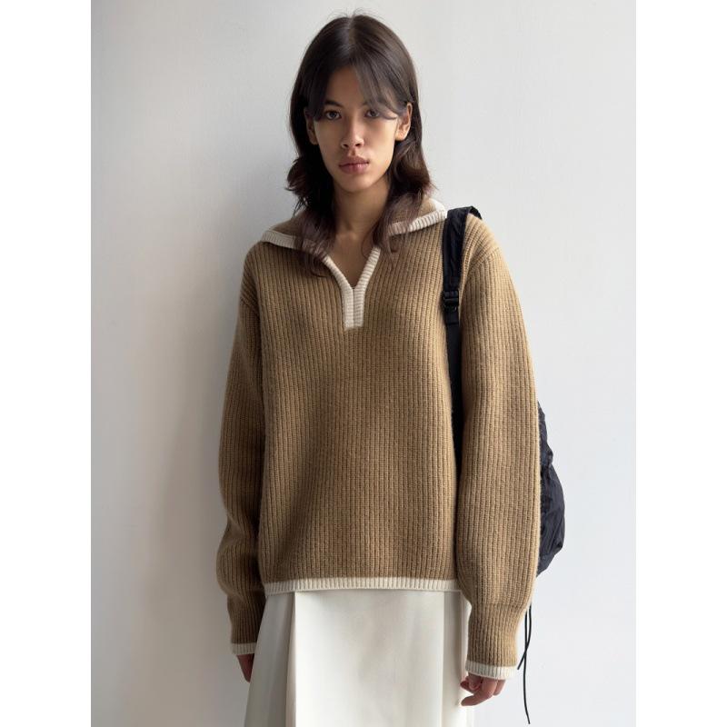 Longmei Women's Wool Sweater: Loose, Contrasting Trim, Korean Style, for Autumn/Winter 2026.