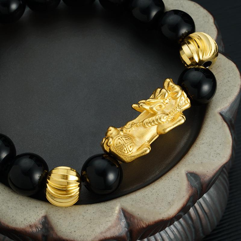 Sand Gold Pixiu Bracelet for Men and Women Chinese Style Black Stone Wine Red Imitation Gold Pixiu Bracelet Beads Jewelry Accessories