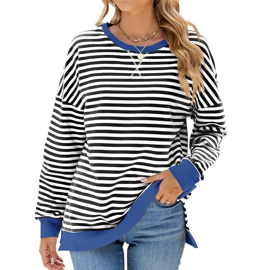 Elegant and Fashionable Autumn and Winter Comfortable Round Neck Striped Splicing Open Loose Long-sleeved Sweater Jacket Pullover Shirt Hoodies