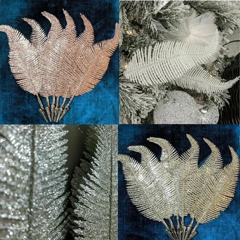 6Pcs Fashion Feathers Simulation Leaf Christmas Tree Ornament Gold Silver Power Glitter Home Decor Plant Wedding Party