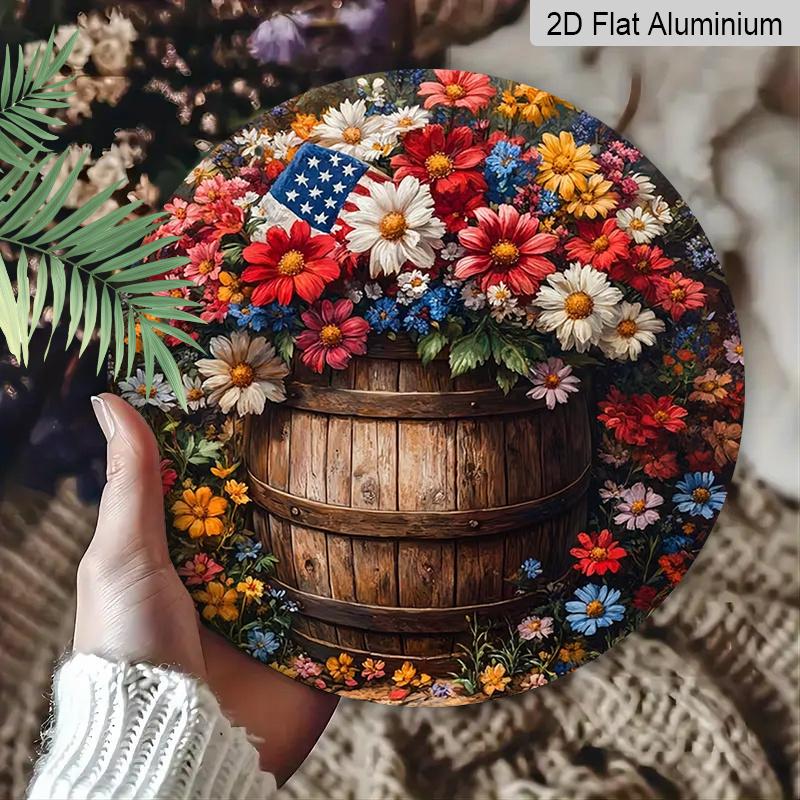 

2D Flat Aluminum Wall Art Featuring Patriotic Flowers and The National Flag, Rustic Style, 7.87 Inches X 7.87 Inches Suitable for Homes, Studios 1pc