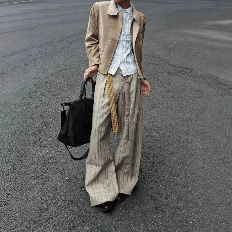Old Money Style Striped Wide Leg Pants Unisex Loose Fit Draped Casual Trousers Khaki Straight Suit
