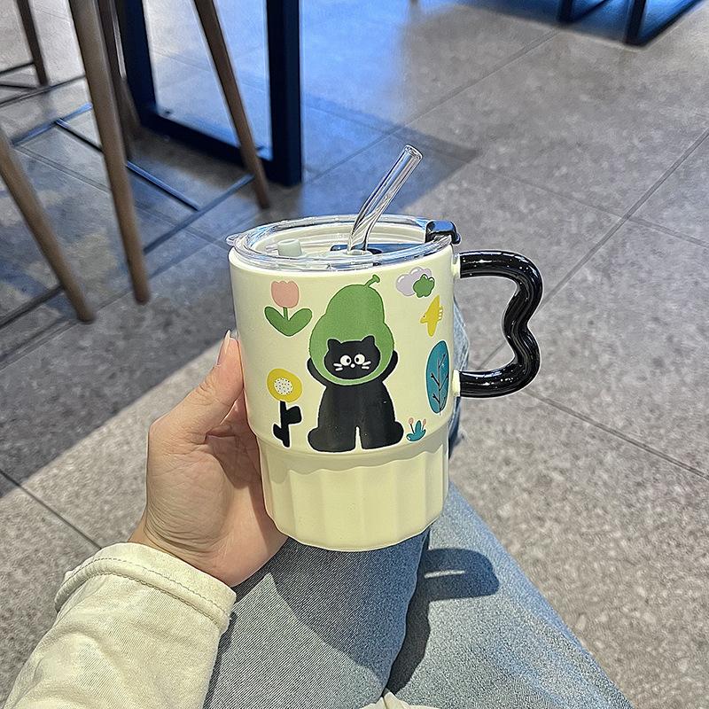 

Cat Straw Cup with Lid High Value Ceramic Water Cup New Mug Home Office Coffee Cup 301-400ml