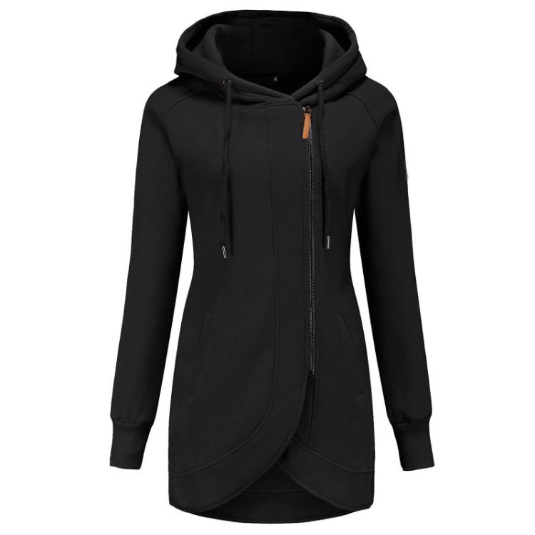 Women Winter Jacket Warm Plush Lined Hooded Coat with Drawstring and Irregular Zipper Design