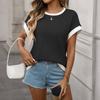 Women's Fashion Color Round Neck Knitted Short Sleeve Color Blocked Loose T,shirt Top