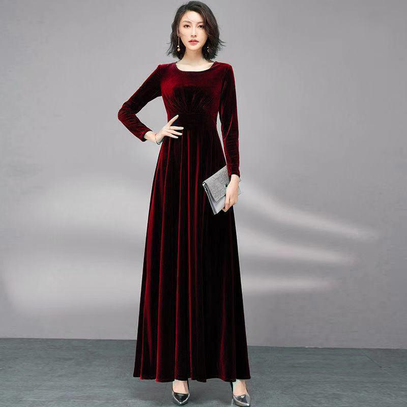

Elegant Autumn Gold Velvet Long Sleeve Dress with Cinched Waist and Flared Hem 4XL (for 170-190 jin) вина червоного кольору