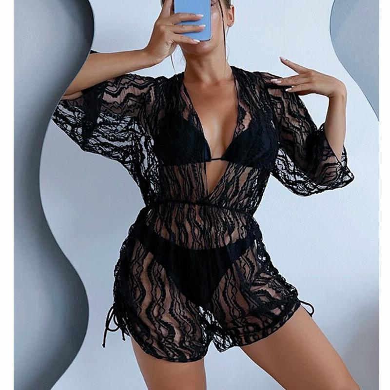 2024 High-Waisted Mesh Waist-Cinched One-Piece Swimsuit with Printed Drawstring and Three-Piece Bikini Set