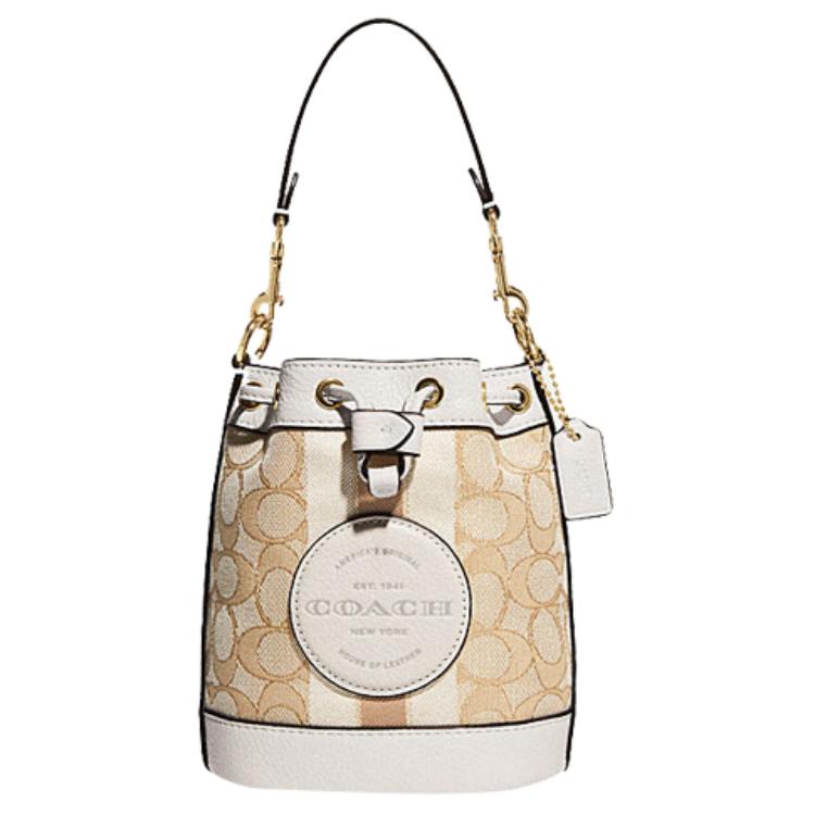 Coach Dempsey 14 Classic Stripe Logo Decor Fabric And Leather Bucket Bag Women Handbags Gold Light-Khaki Chalk C8322-IMDQC