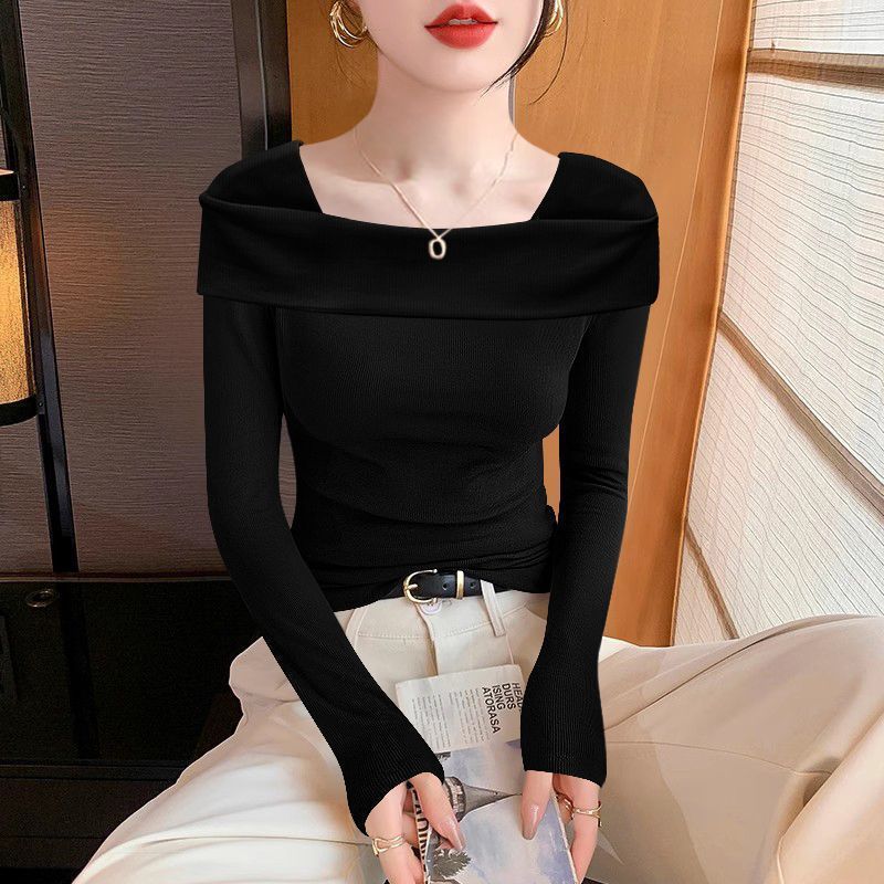Women's Knitted Top with One Collar Spring and Autumn Design T-shirt Women's Interior Bottom Shirt
