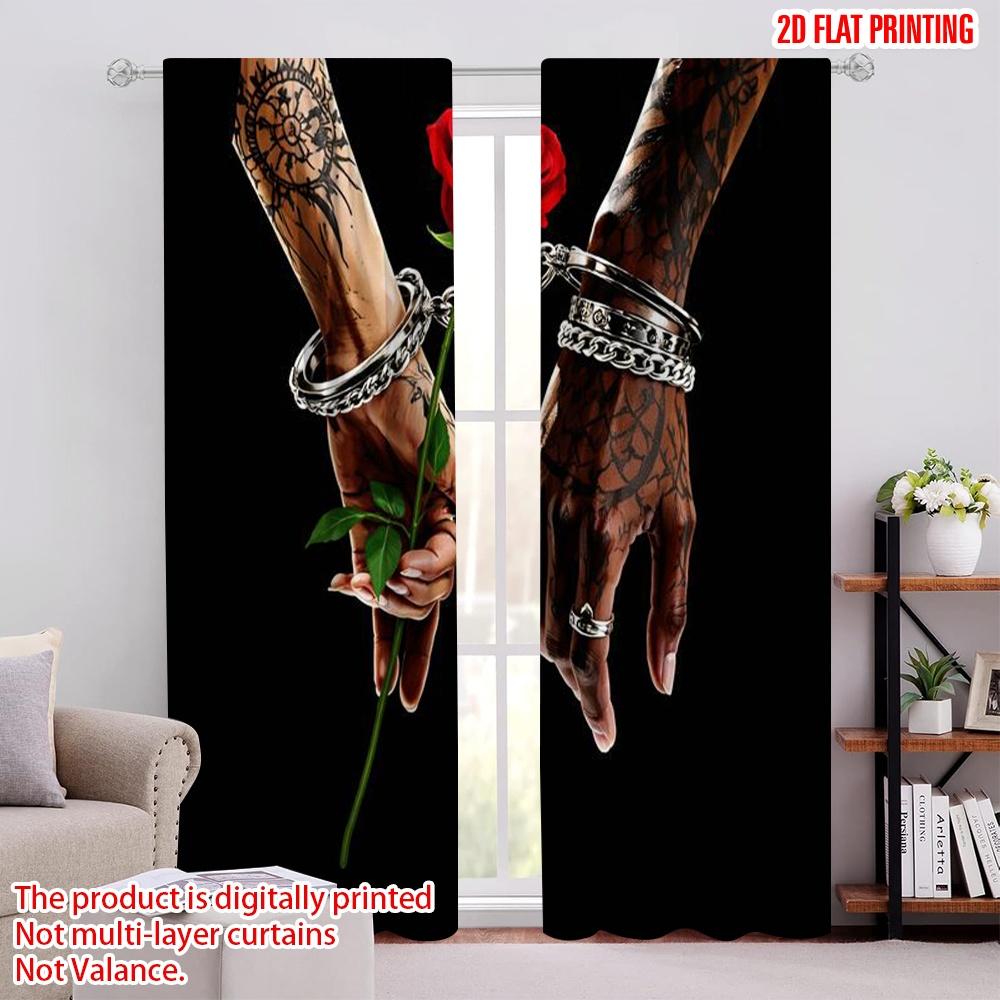 2D flat printing 2pcs Curtain Curtain Tattooed Hands Holding Rose Digital Printed Polyester Drapes Family Party Perfect for All 60×150cm(23.6×59in)