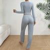 Womens Lace Trim Ribbed Knit Pajamas Set Long Sleeve Crop Top Wide Leg Pants Lounge Set 2 Piece Pjs Sleepwear