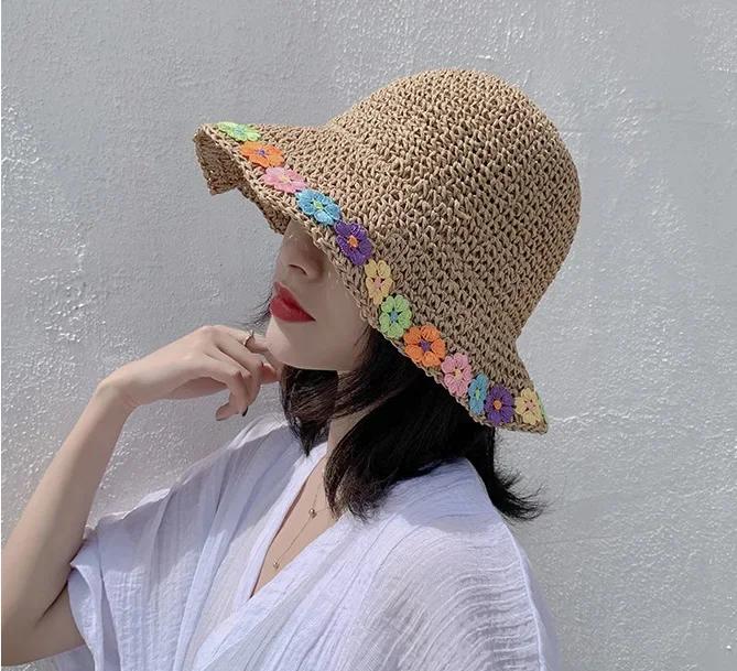 Bohemian Floral Straw Sun Hat for Women Summer UV Protection Foldable Beach Sun Hat