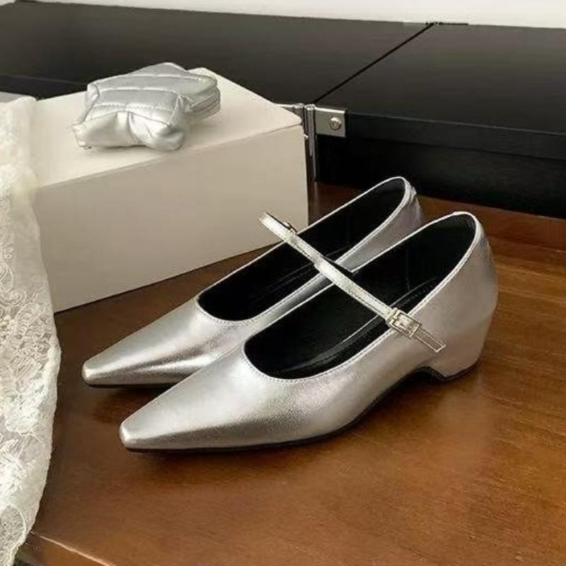 

Retro Style Thick Heel Women Shoes Fashion Shallow Pointed Toe Ladies Comfort Office Pumps Footwear 35 серебряный