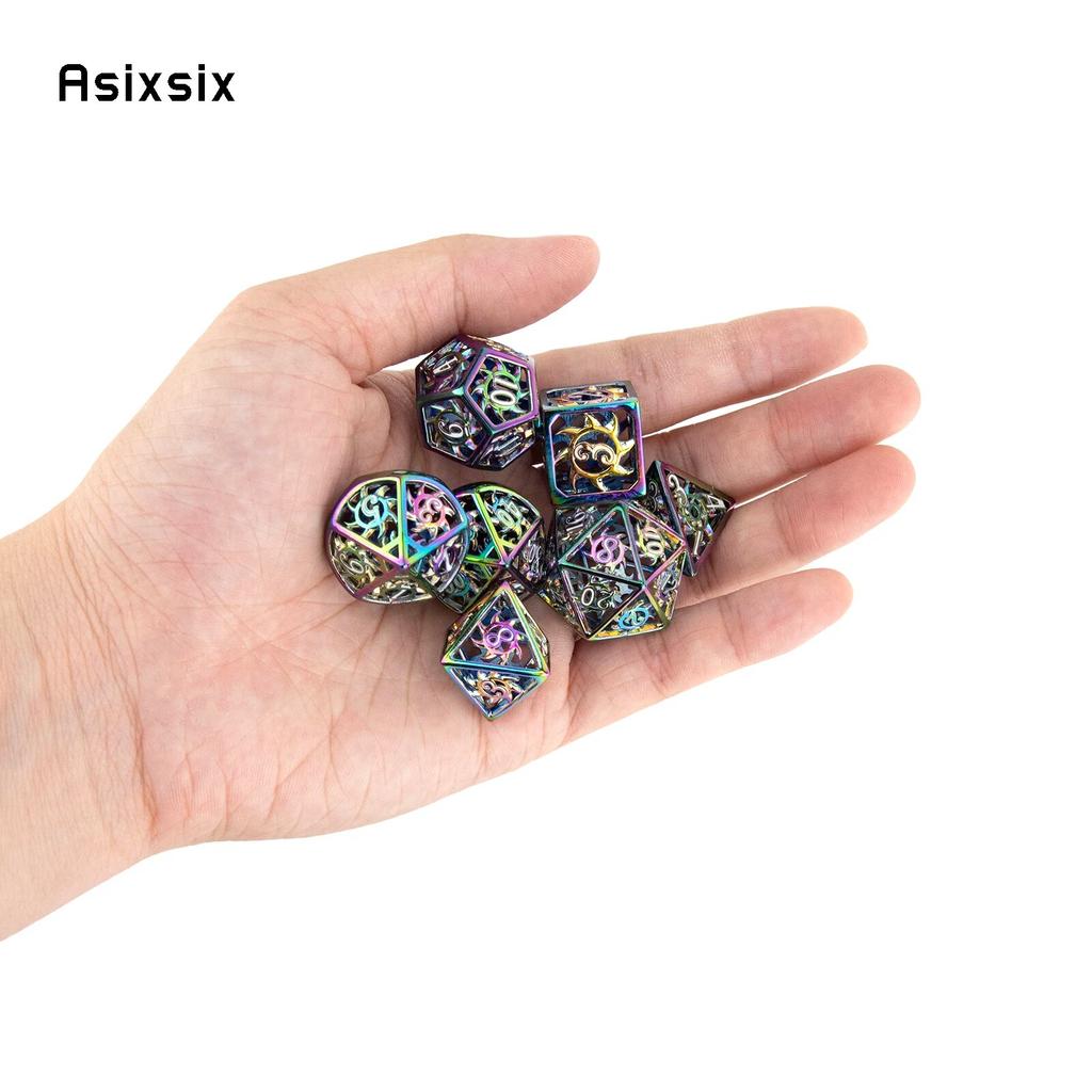 7 Pcs Colorful  Rotary Cyclone Metal Dice Hollow Metal Polyhedral Dice Set Suitable for Role-Playing RPG  Board Game Card Game