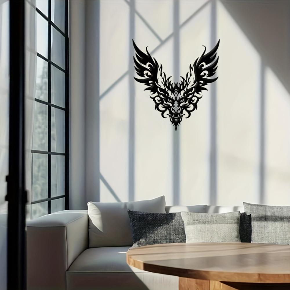 Metal Dragon Head Wall Sculpture Winged Handcrafted Iron Black Art for Outdoor Office Decor Asian Theme Gift Christmas Halloween Birthday