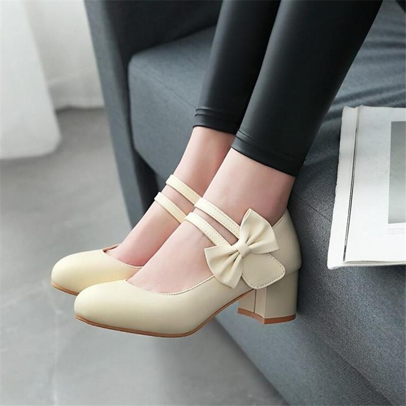 Girls Leather Shoes Lolita Shoes Mary Jane Pumps For Women High Heels Pink Bow-knot Block Heels Shoes Wedding Bride Pumps 31-43
