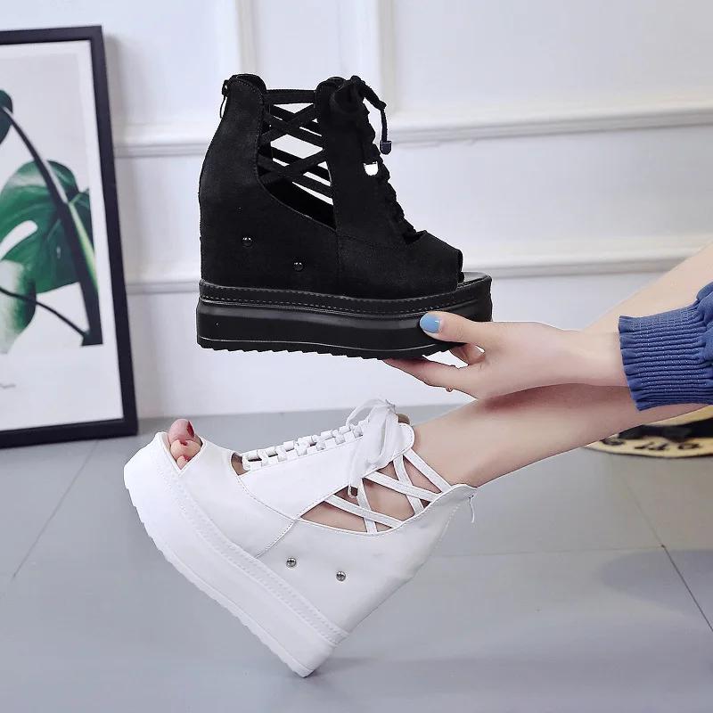 Fashion Summer Inner Height Women's Sandals 12cm Super High-heeled Wedge Heels Platform Roman Shoes New Fashion High Heel Platform Pumps