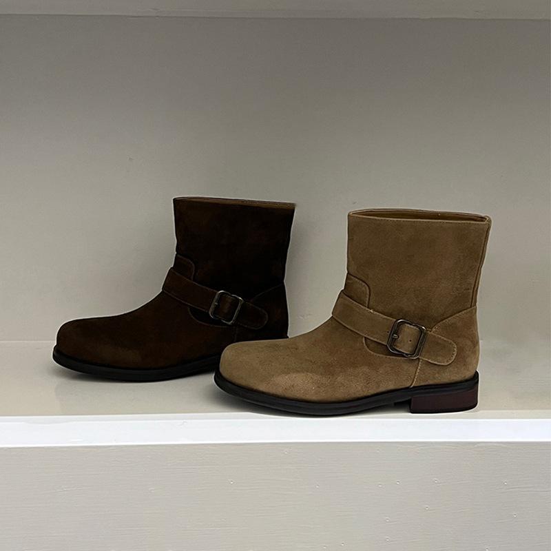 Cowhide Version~ New Korean Version Round Head Belt Buckle Short Boots Women's Leather Low-heeled Short Ankle Boots Flat-bottomed Medium Boots