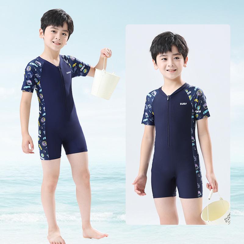Kids' 2025 Quick-Dry Conservative One-Piece Swimsuit - Boys' Korean Style, Short-Sleeve, Sun Protection, Sporty Design