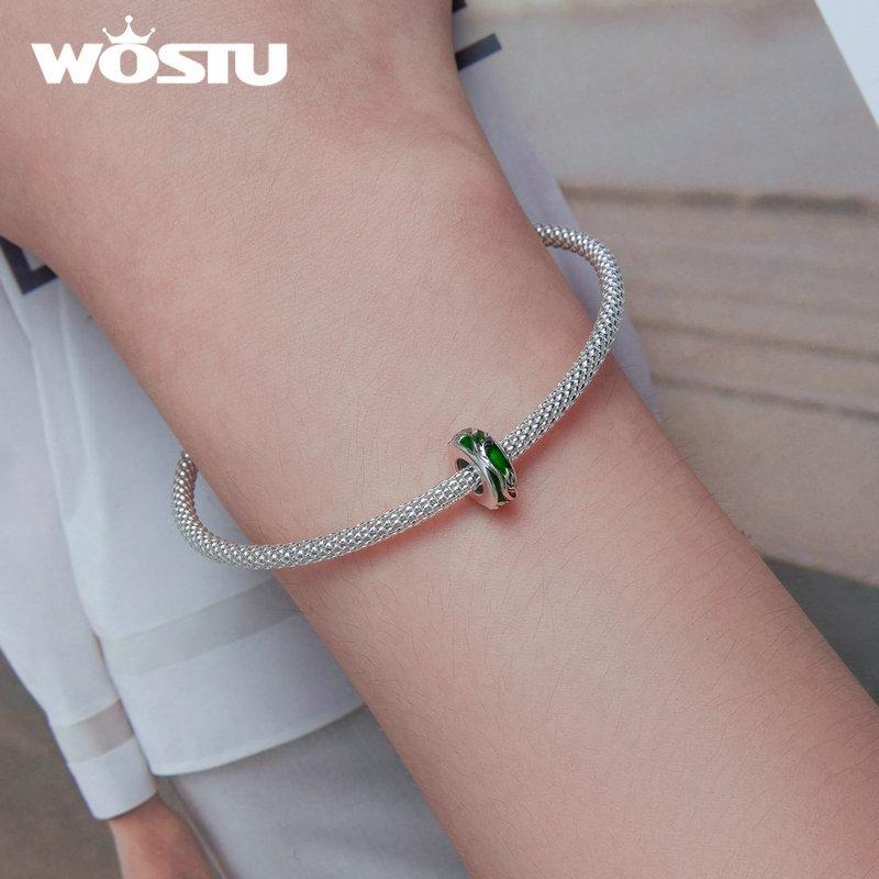 WOSTU Authentische 925er-Sterlingsilber-Charm-Perlen aus zartem grünen Emaille-Ranken-Silber-Silikon für Damen-Armbänder und Armreifen, edler Schmuck